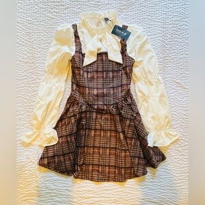 Pamile Artist Girlcore Plaid Print Flare Sleeve 2 In 1 Dress Size Large